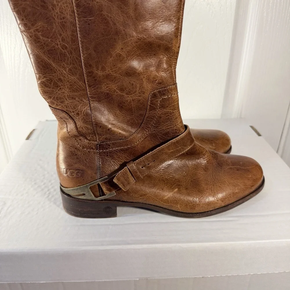 UGG Australia Channing Brown Leather Harness Knee High Riding Boots Sz 7